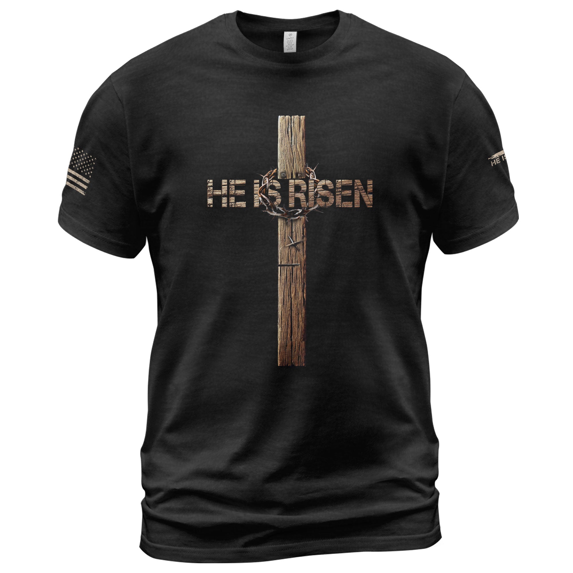Christian Tee Shirts, He Is Risen Resurrection Cross - Christian Shirts for Men - Rust Field Wear