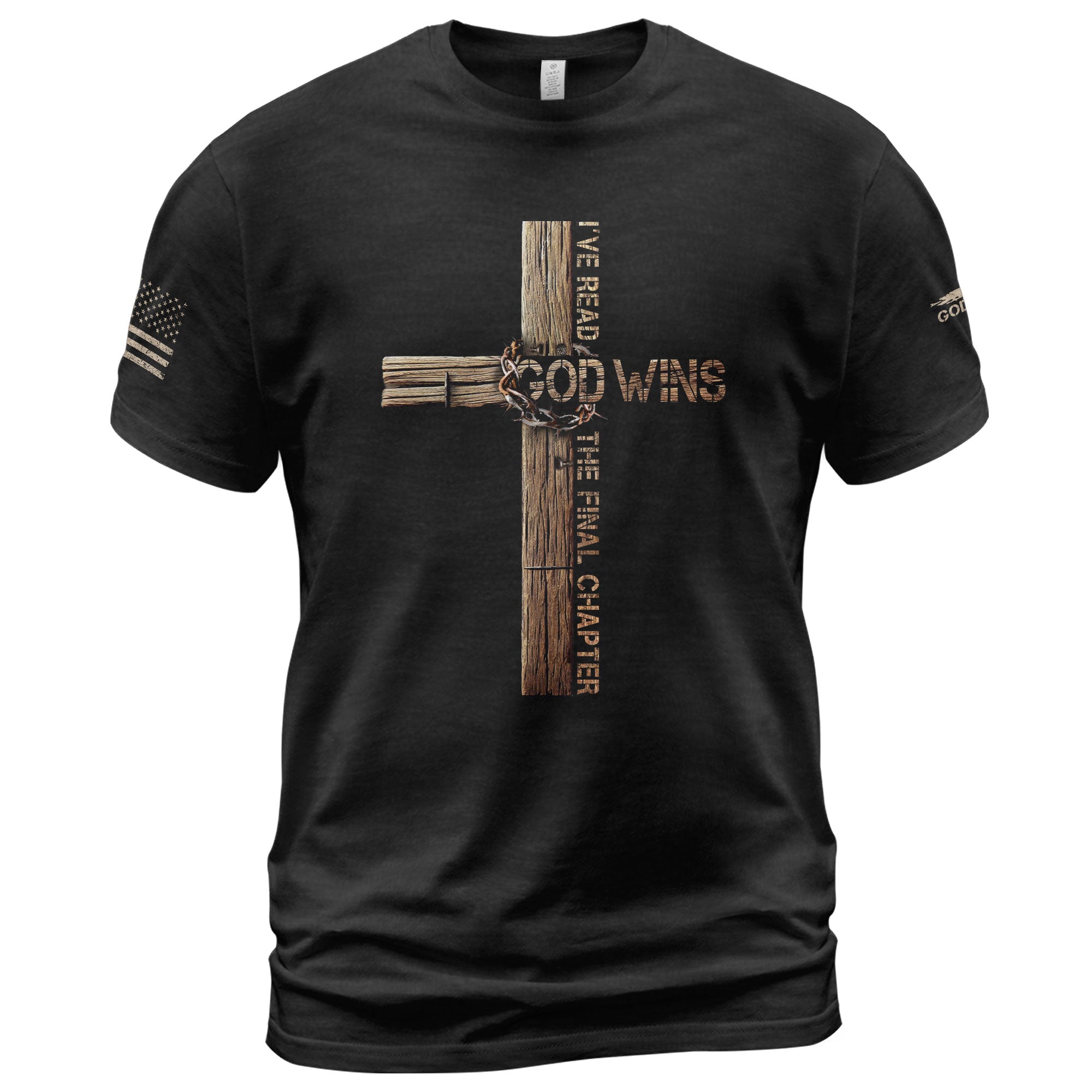 Faith Based Christian Tee Shirts, Victory in Christ God Wins Cross Design - Christian Shirts for Men - Rust Field Wear