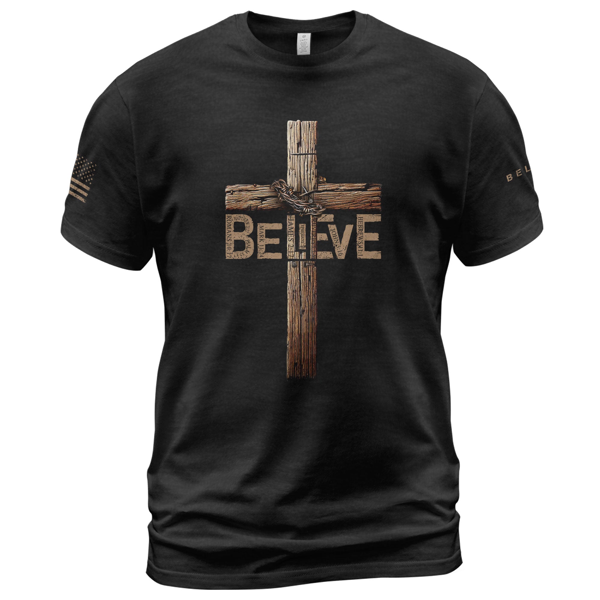 Christian Shirts for Men - Believe In The Cross Rustic Wood Christian, Christian Tee Shirts - Rust Field Wear