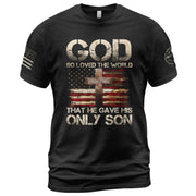 God So Loved The World Only Son Cross and Flag, Christian Tee Shirts - Faith Shirts for Men - Rust Field Wear