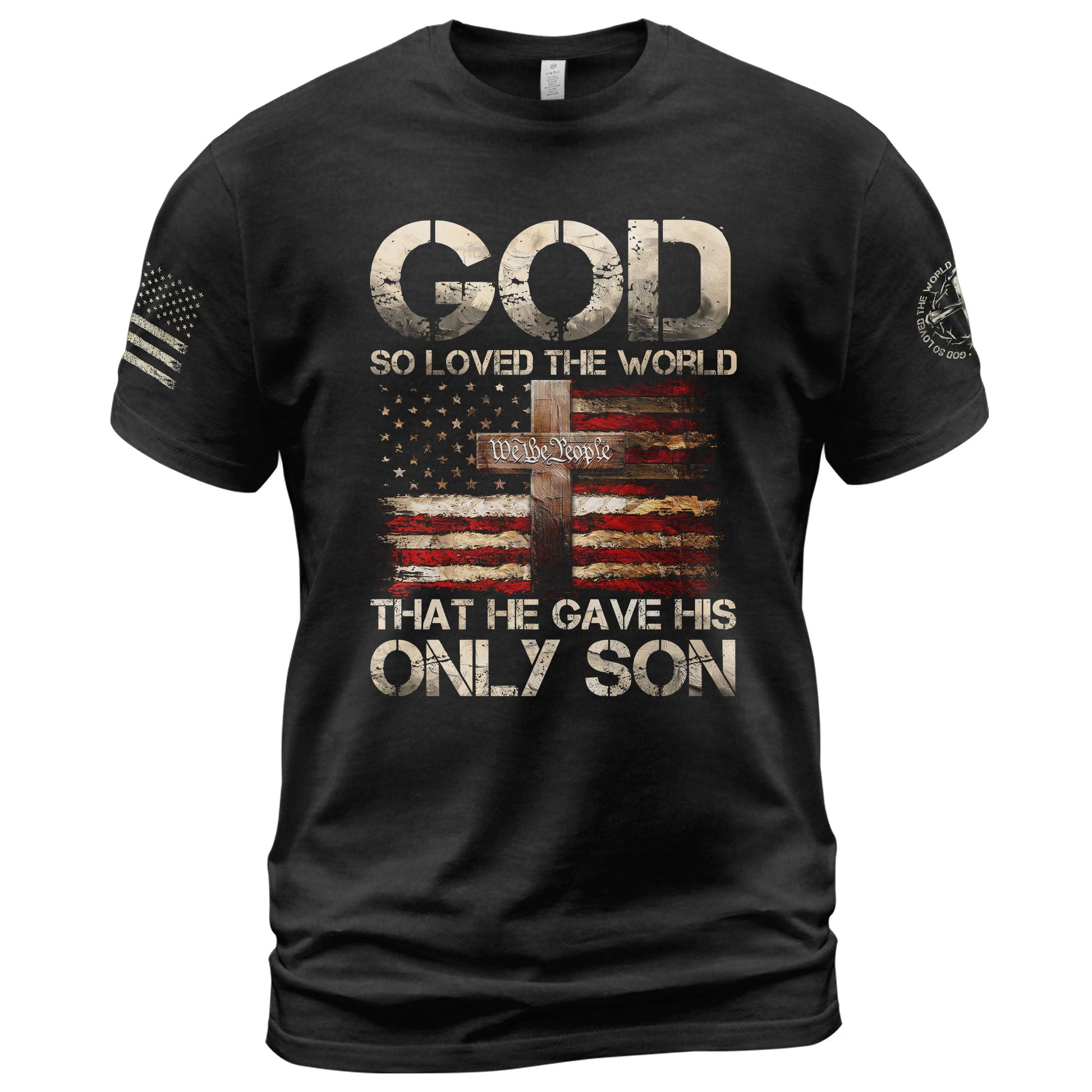 God So Loved The World Only Son Cross and Flag, Christian Tee Shirts - Faith Shirts for Men - Rust Field Wear