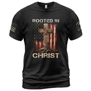 Rooted In Christ American Flag Cross, Christian Shirts for Men - Christian Tee Shirts - Rust Field Wear