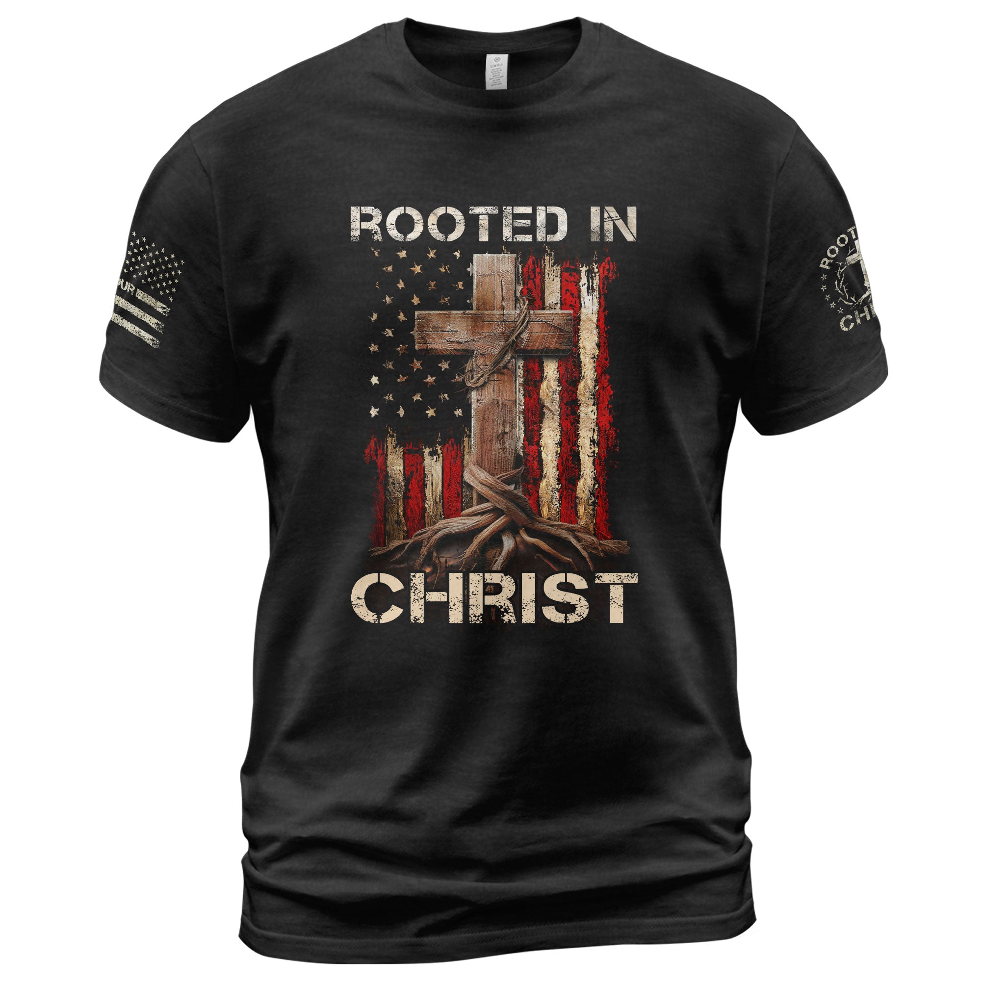 Rooted In Christ American Flag Cross, Christian Shirts for Men - Christian Tee Shirts - Rust Field Wear