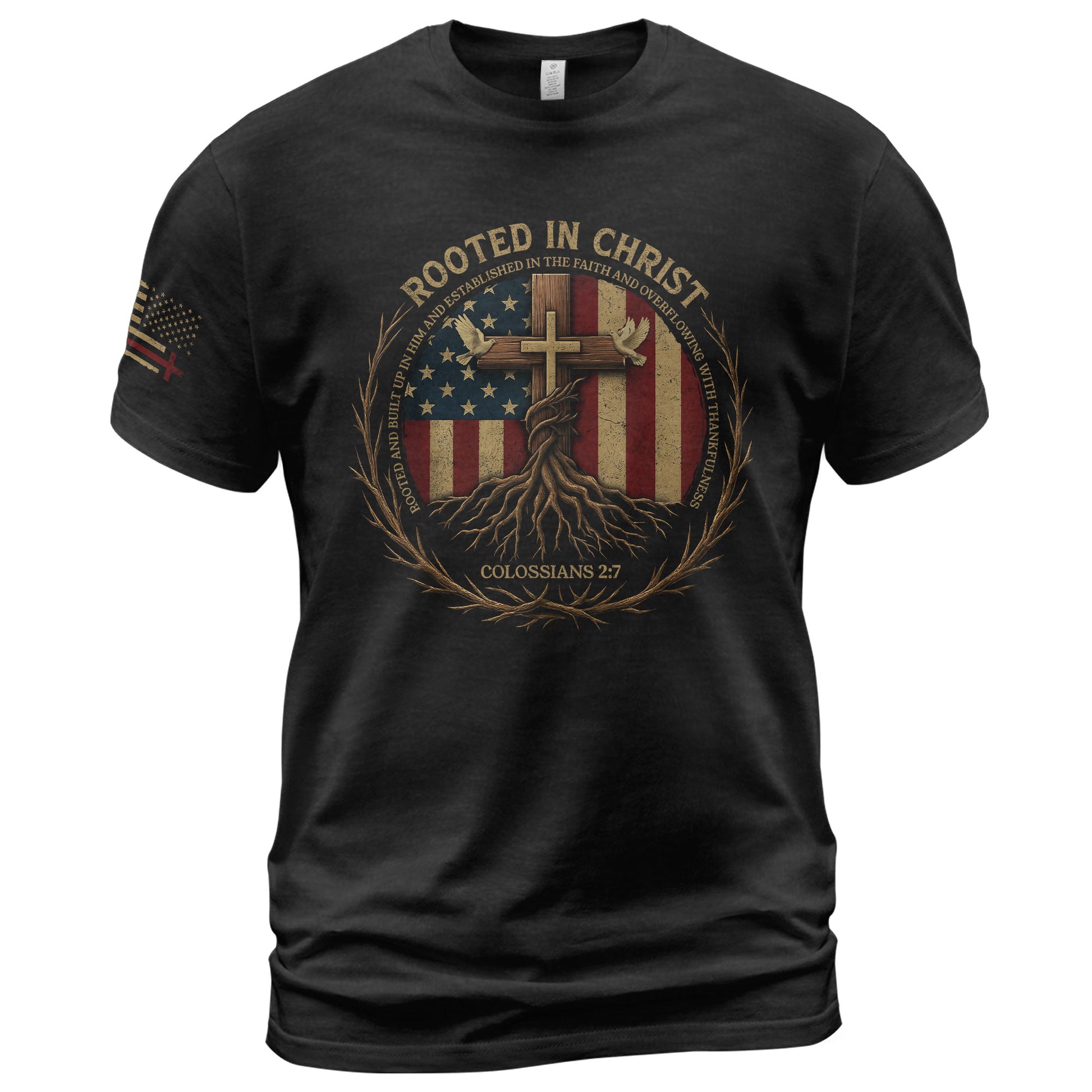 Christian Tee Shirts, Rooted in Christ Colossians 2:7 American Flag Faith - Christian Shirts for Men - Rust Field Wear