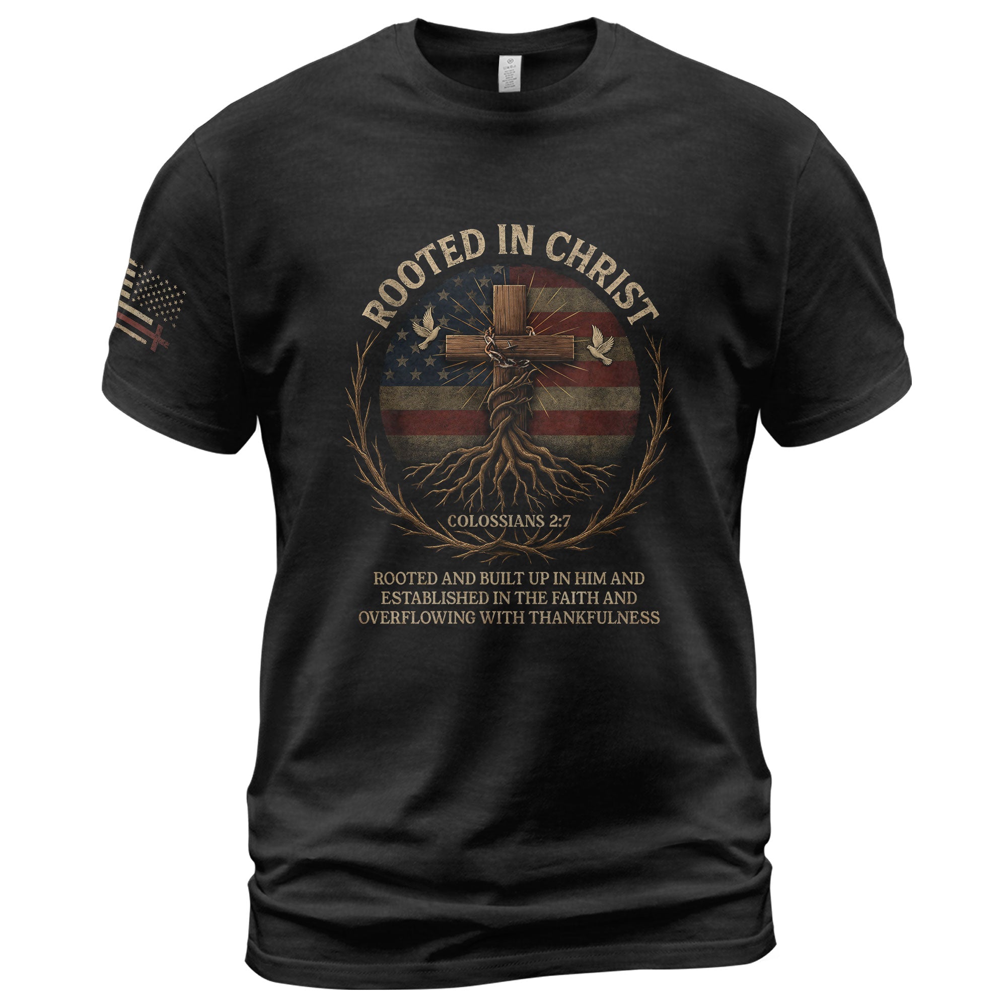 Rooted In Christ Colossians 2:7 American Faith, Christian Shirts for Men - Christian Tee Shirts - Rust Field Wear
