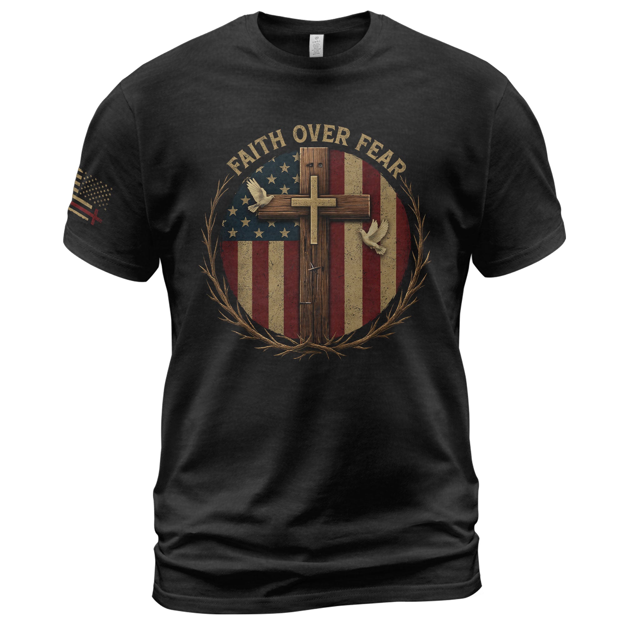 Faith Based Christian Tee Shirts, Faith Over Fear American Flag Cross Christian - Christian Shirts for Men - Rust Field Wear