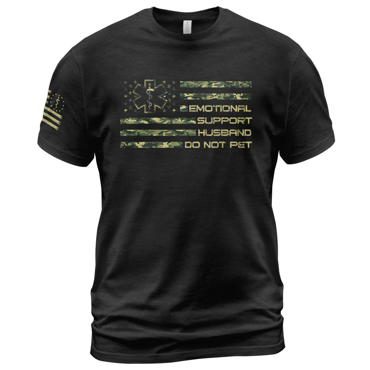 Sarcastic Emotional Support Husband Do Not Pet Camo Flag Tee Shirt Cotton Apparel