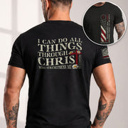 Faith Based Christian Tee Shirts, Philippians 4:13 I Can Do All Things Through Christ American Flag - Christian Shirts for Men - Rust Field Wear