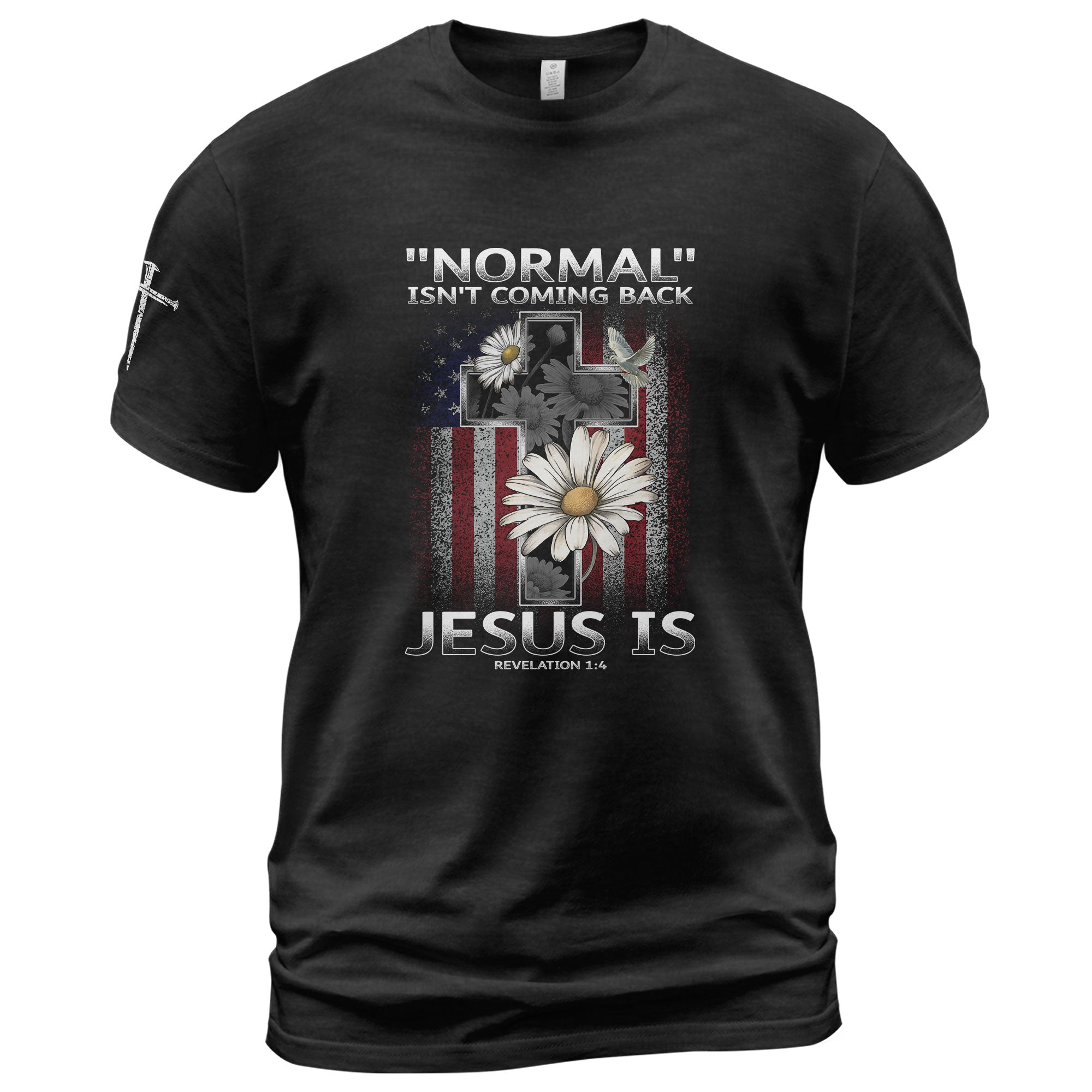 Christian Shirts for Men - Normal Isn’t Coming Back Jesus Is , Revelation 1:4 Christian Flag Cross, Christian Tee Shirts - Rust Field Wear