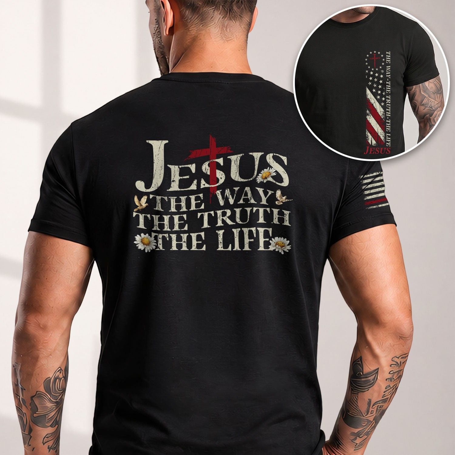Faith Based Christian Tee Shirts, Jesus The Way The Truth The Life USA Flag Cross 2 Sided Christian - Christian Shirts for Men - Rust Field Wear
