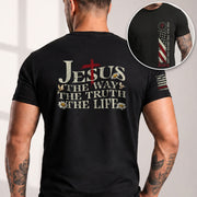 Faith Based Christian Tee Shirts, Jesus The Way The Truth The Life USA Flag Cross 2 Sided Christian - Christian Shirts for Men - Rust Field Wear