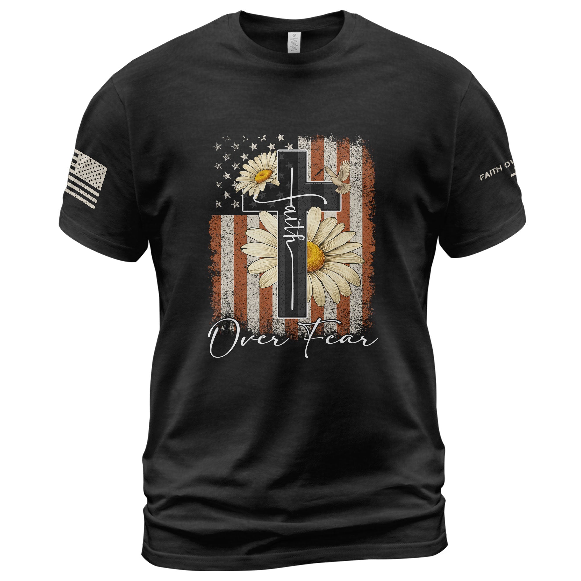 Christian Shirts for Men - Faith Over Fear Daisy Cross USA Flag Christian, Christian Tee Shirts - Rust Field Wear