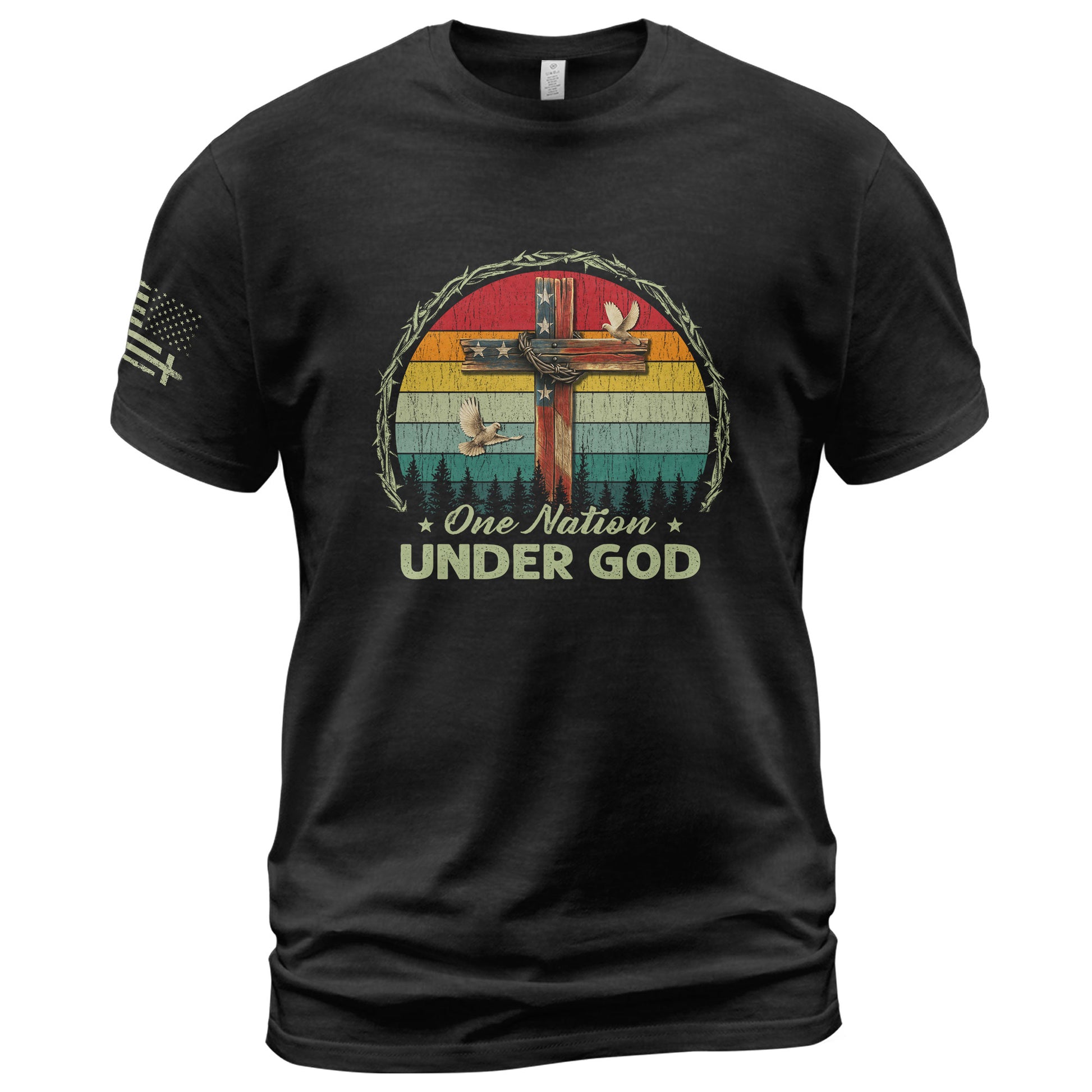 Christian Shirts for Men, One Nation Under God Retro Sunset Cross - Christian Tee Shirts - Rust Field Wear