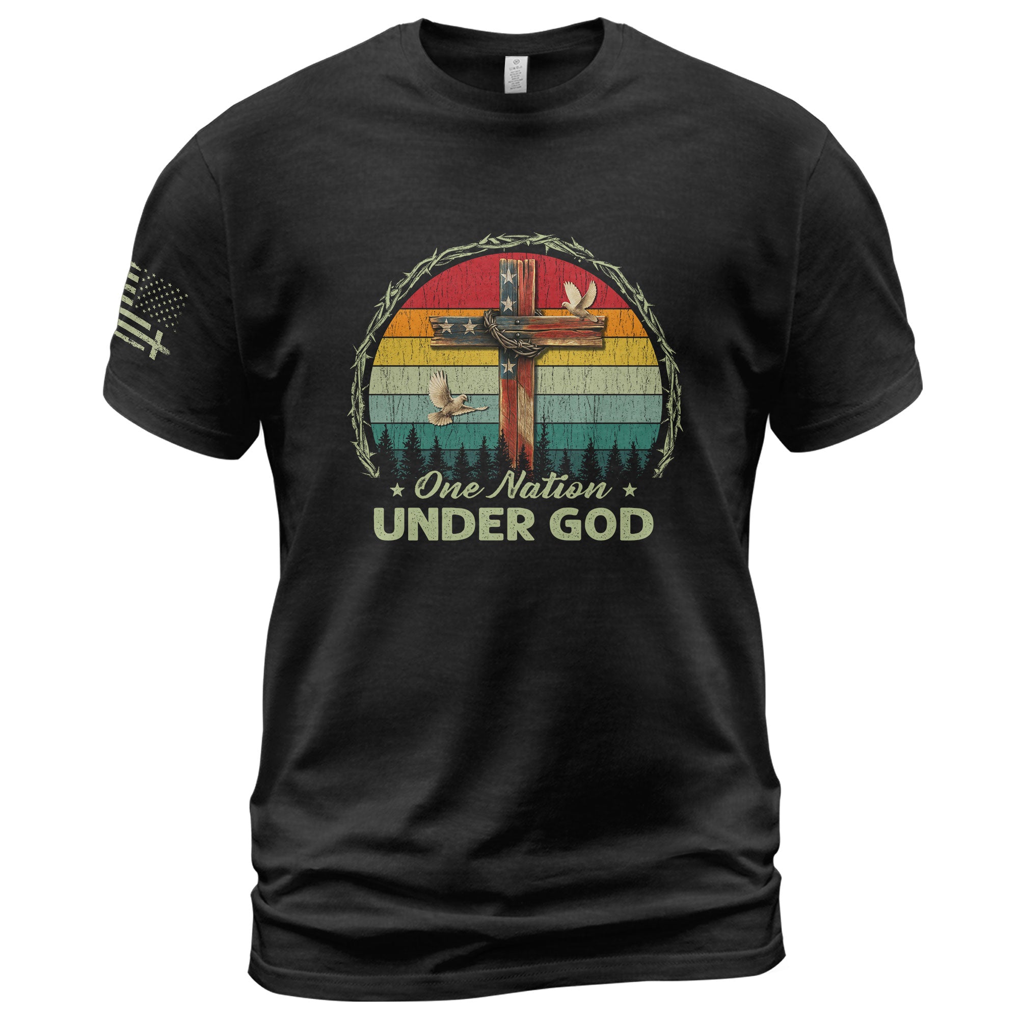 Christian Shirts for Men, One Nation Under God Retro Sunset Cross - Christian Tee Shirts - Rust Field Wear