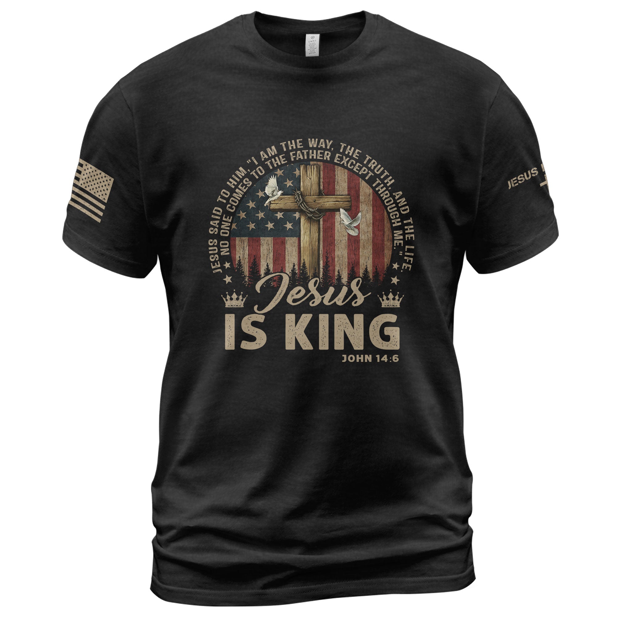 Christian Tee Shirts, Jesus Is King , Cross, American Flag and Christian Faith - Christian Shirts for Men - Rust Field Wear