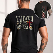 Yahweh The Great I Am , Christian Cross and American Flag, Christian Shirts for Men - Christian Tee Shirts - Rust Field Wear