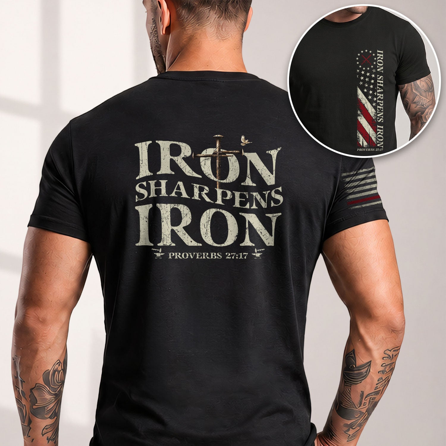 Christian Tee Shirts, Iron Sharpens Iron , Christian Cross and American Flag - Christian Shirts for Men - Rust Field Wear