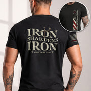 Christian Tee Shirts, Iron Sharpens Iron , Christian Cross and American Flag - Christian Shirts for Men - Rust Field Wear