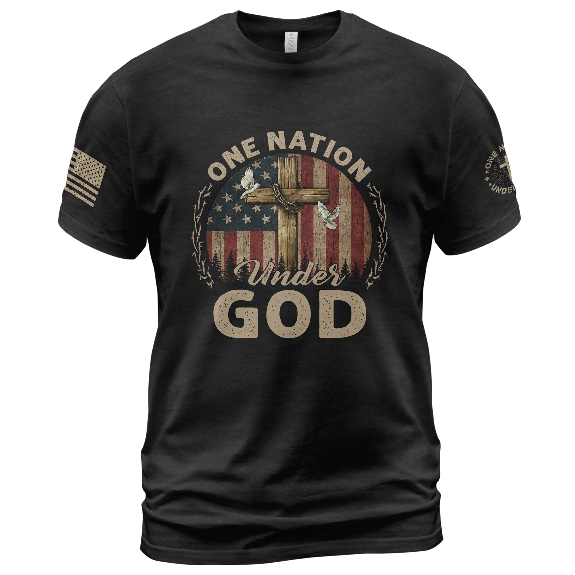 One Nation Under God Cross, Flag and Christian Boldwear, Christian Tee Shirts - Faith Shirts for Men - Rust Field Wear