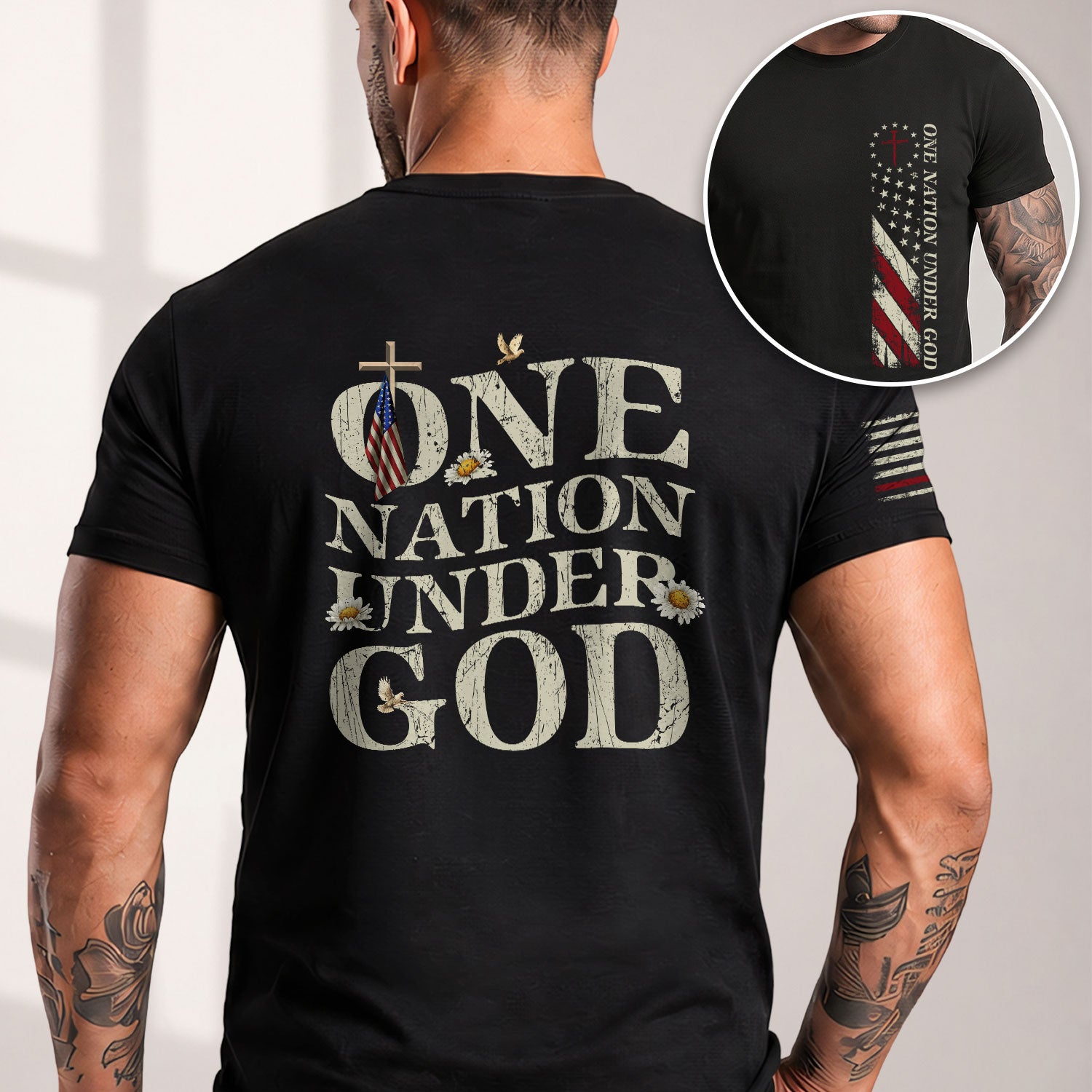 One Nation Under God , Christian Cross and American Flag - Christian Tee Shirts, Christian Shirts for Men - Rust Field Wear