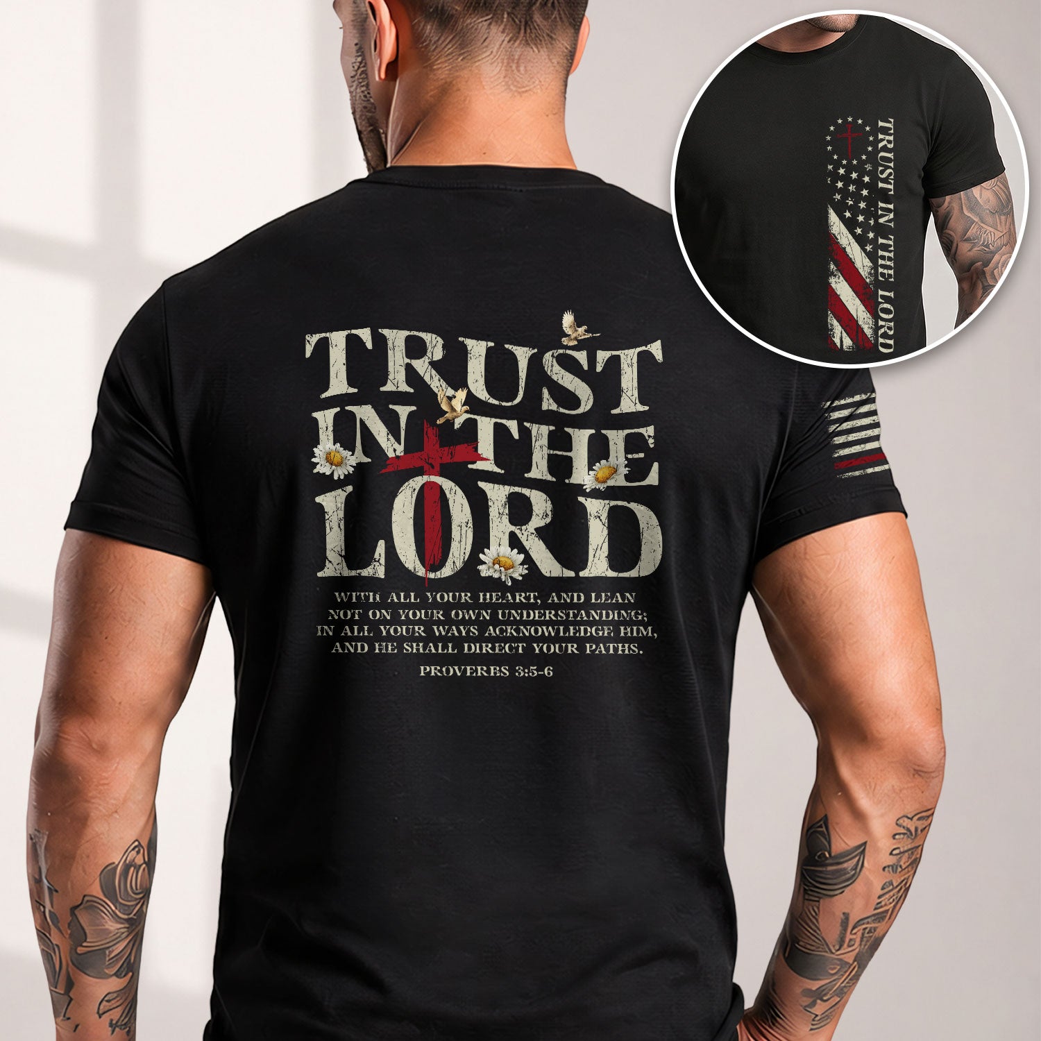 Christian Shirts for Men, Trust in the Lord Christian American Flag, Proverbs 3:5 6 Bible Verse - Christian Tee Shirts - Rust Field Wear