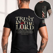 Christian Shirts for Men, Trust in the Lord Christian American Flag, Proverbs 3:5 6 Bible Verse - Christian Tee Shirts - Rust Field Wear