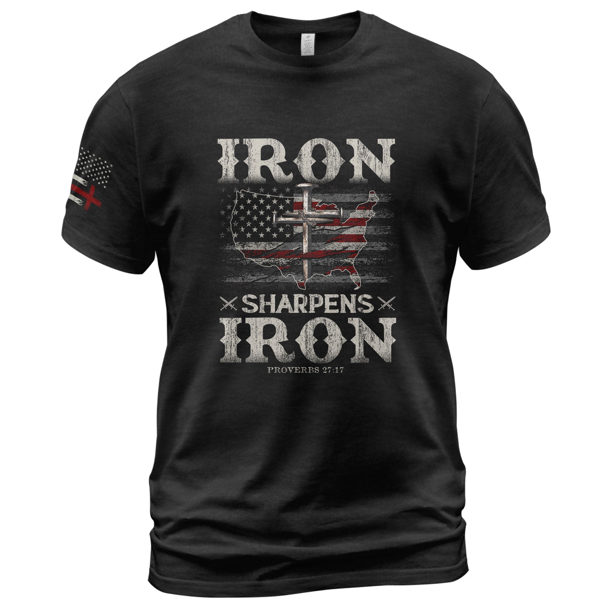 Faith Based Christian Tee Shirts, Iron Sharpens Iron Proverbs 27:17 USA Faith Warrior - Christian Shirts for Men - Rust Field Wear