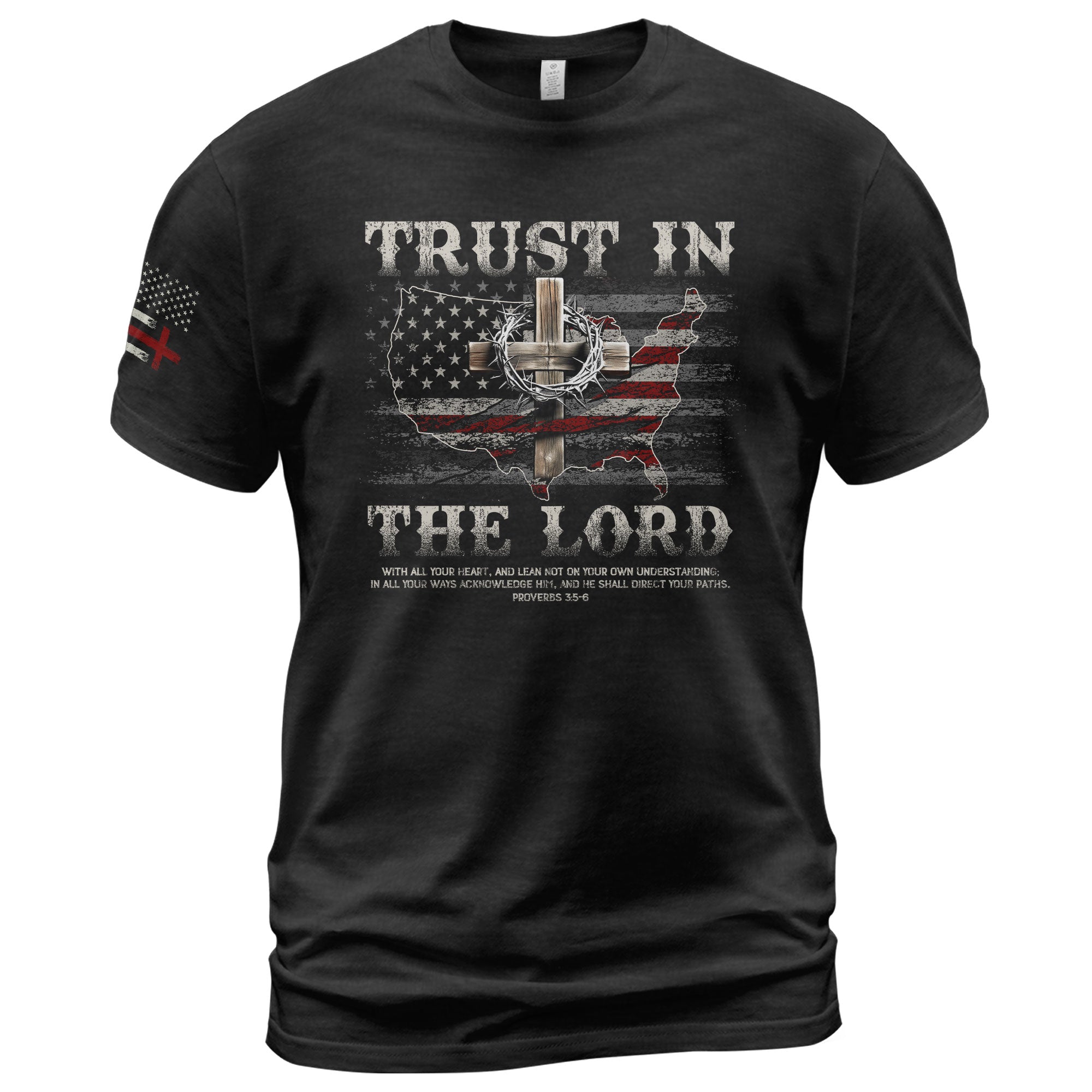 Trust In The Lord Christian Proverbs 3:5 6 Bible Verse American Flag Cross, Christian Tee Shirts - Faith Shirts for Men - Rust Field Wear