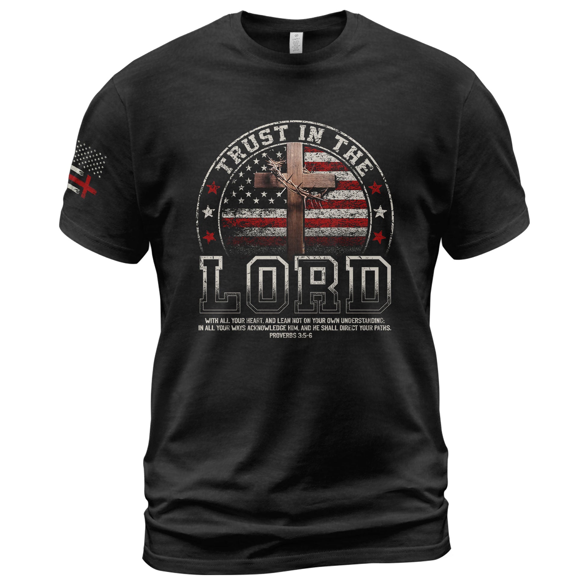 Faith Based Christian Tee Shirts, Trust In The Lord Christian American Flag Cross - Christian Shirts for Men - Rust Field Wear