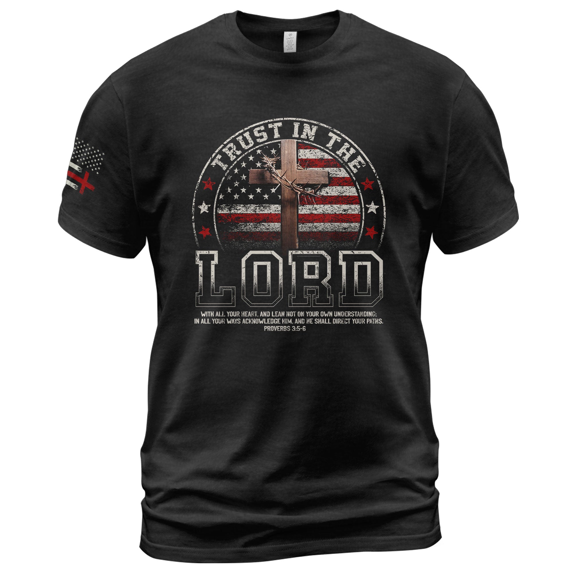 Faith Based Christian Tee Shirts, Trust In The Lord Christian American Flag Cross - Christian Shirts for Men - Rust Field Wear