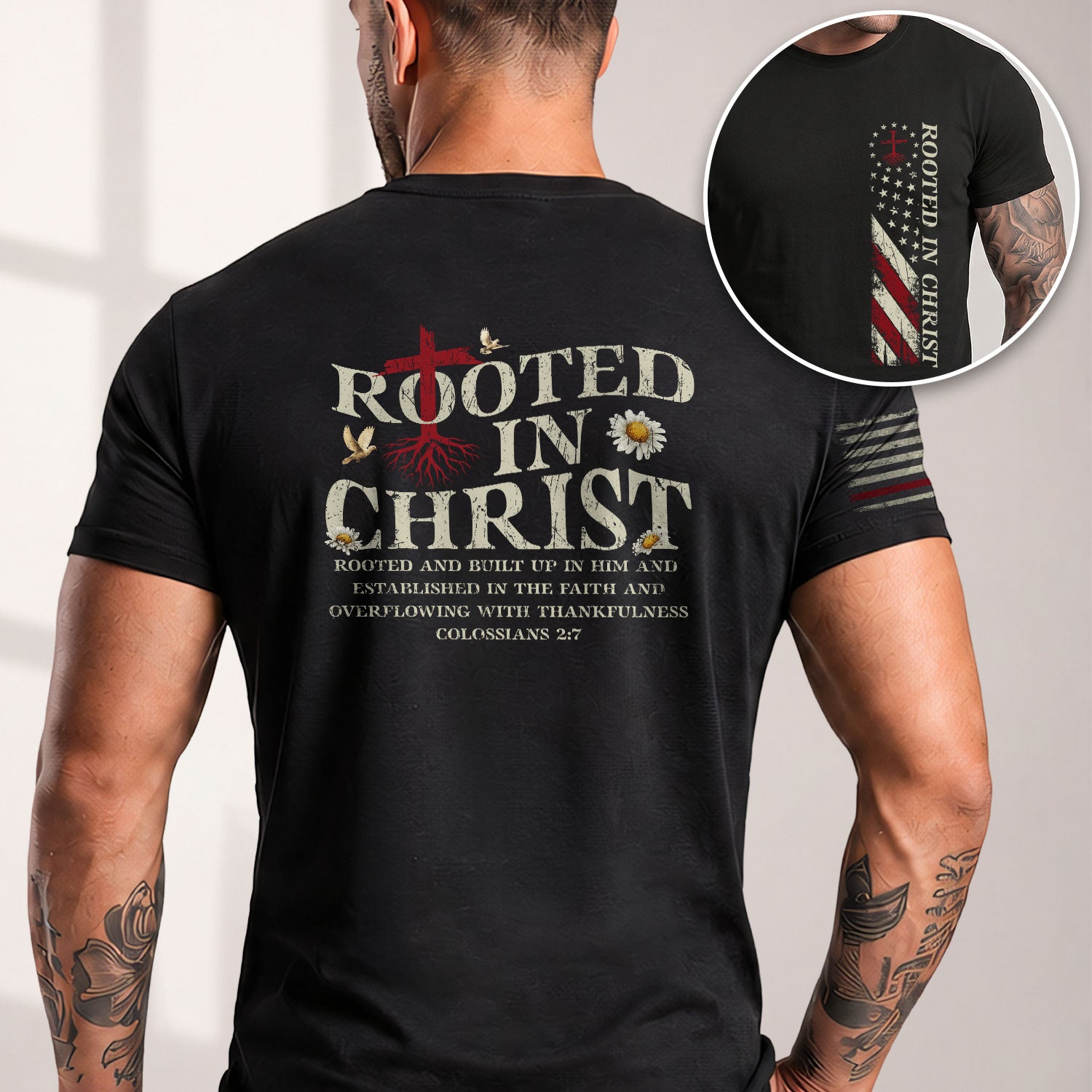 Rooted in Christ Back Print Colossians 2:7, Christian Tee Shirts - Faith Shirts for Men - Rust Field Wear