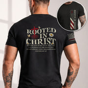 Rooted in Christ Back Print Colossians 2:7, Christian Tee Shirts - Faith Shirts for Men - Rust Field Wear