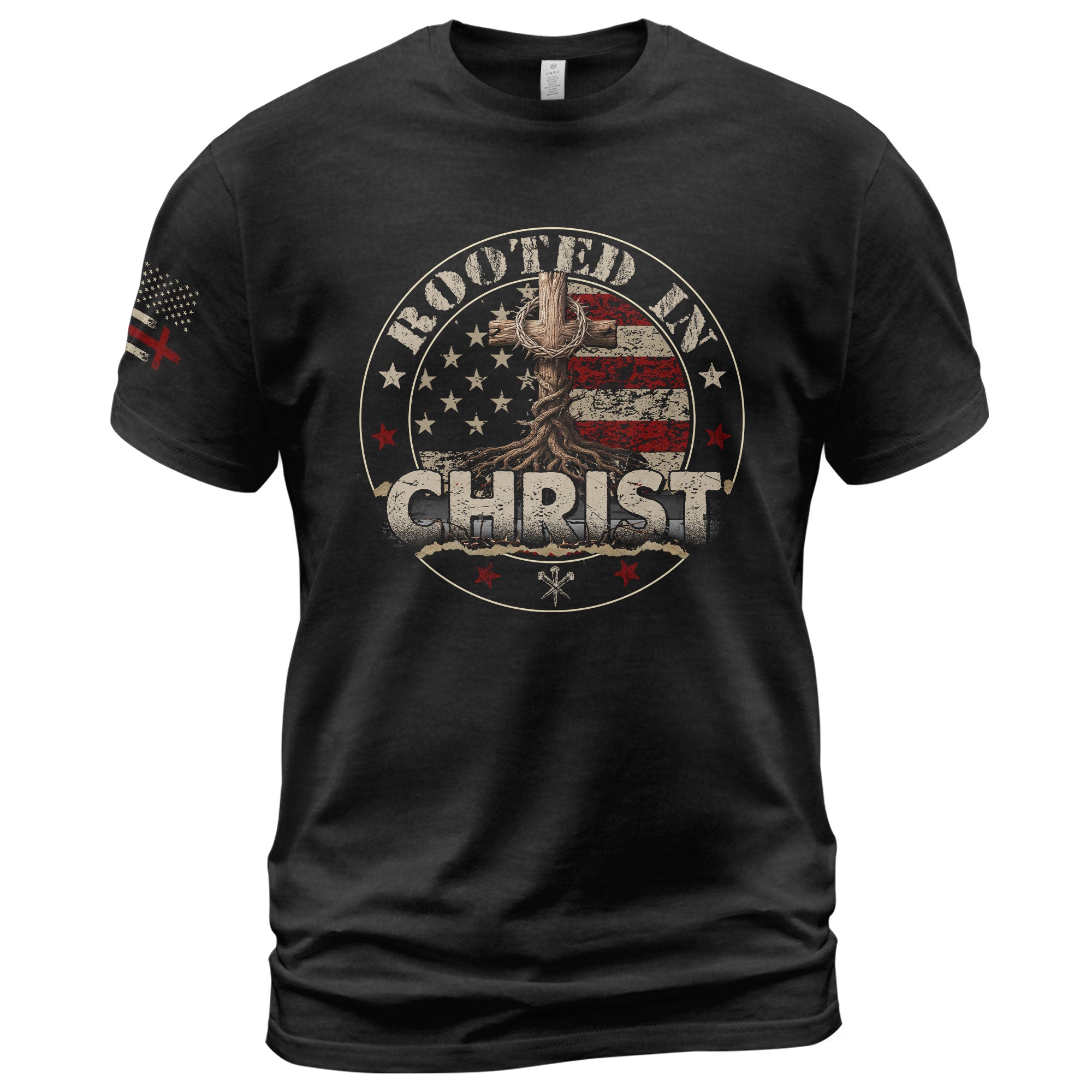 Faith Based Christian Tee Shirts, Rooted in Christ American Flag and Cross - Christian Shirts for Men - Rust Field Wear