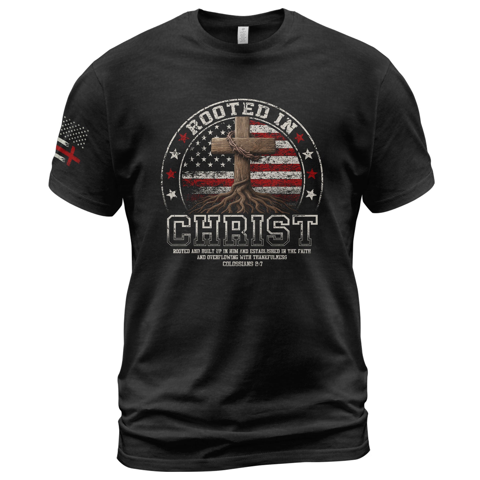 Christian Shirts for Men - Rooted in Christ Circle American Flag, Christian Tee Shirts - Rust Field Wear