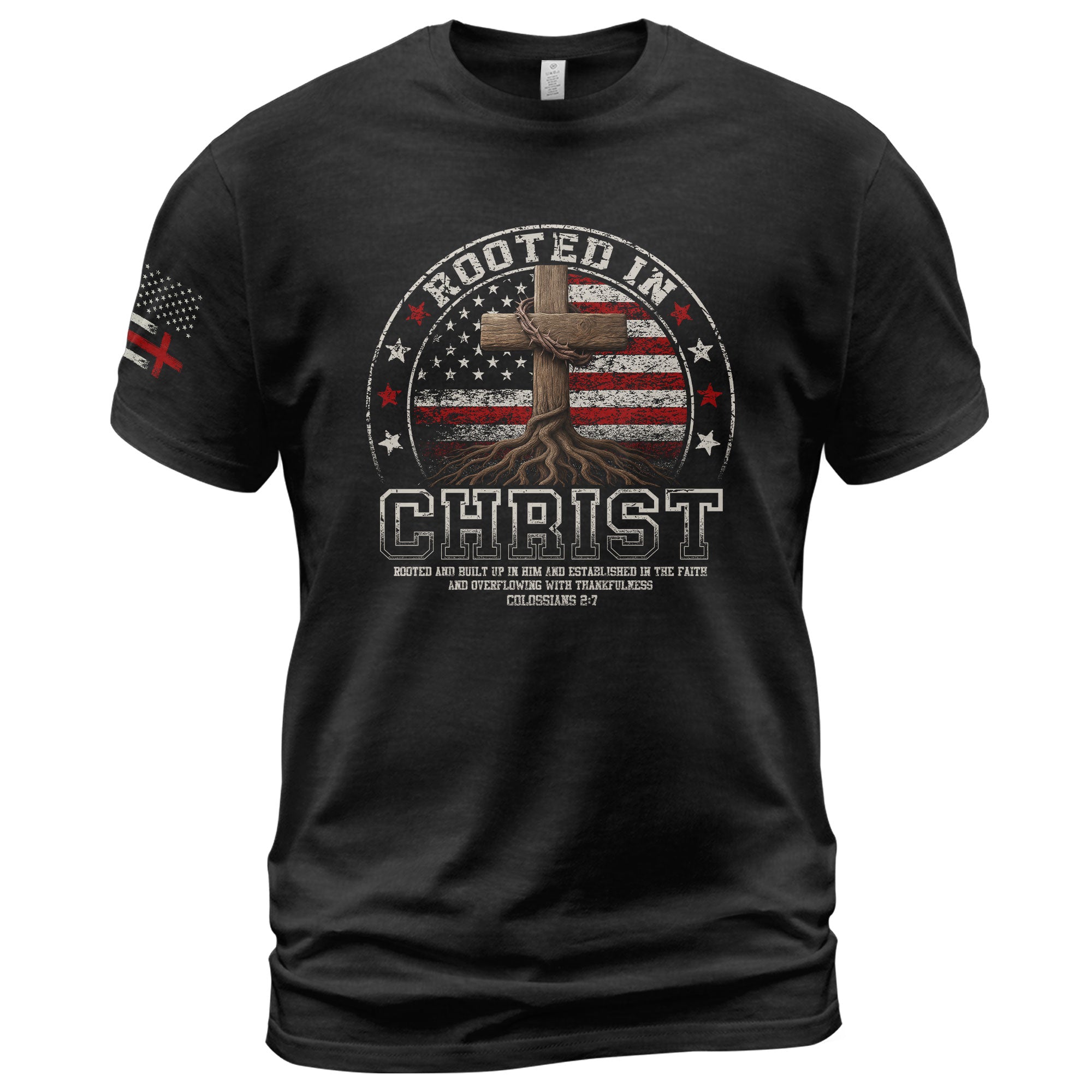 Christian Shirts for Men - Rooted in Christ Circle American Flag, Christian Tee Shirts - Rust Field Wear