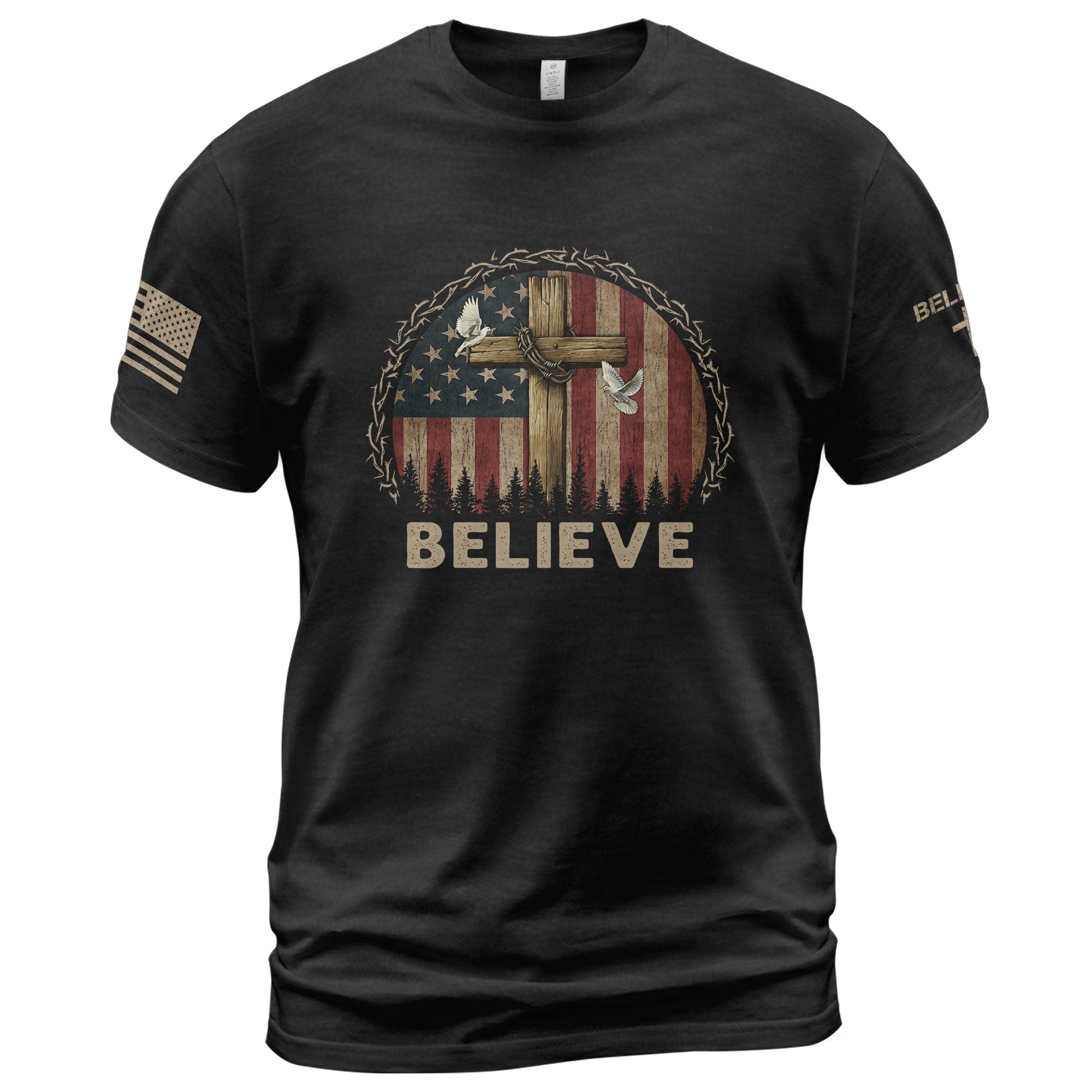 Christian Shirts for Men, Believe Cross and Dove American Flag - Christian Tee Shirts - Rust Field Wear
