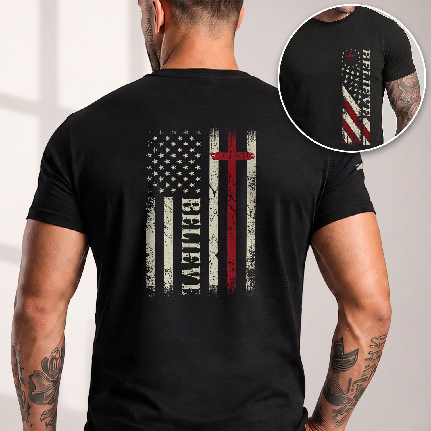 Believe American Flag Cross, Christian Tee Shirts - Faith Shirts for Men - Rust Field Wear