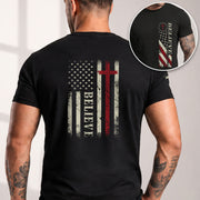 Believe American Flag Cross, Christian Tee Shirts - Faith Shirts for Men - Rust Field Wear