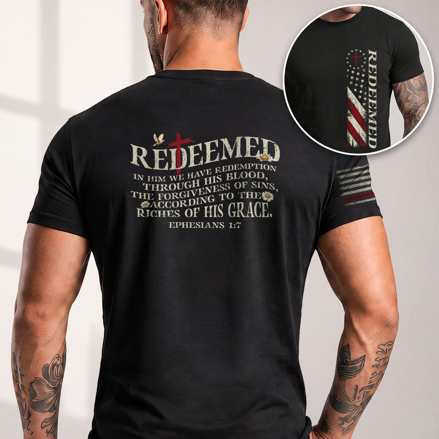 Redeemed Christian Ephesians 1:7 American Flag Cross Design - Christian Tee Shirts, Christian Shirts for Men - Rust Field Wear