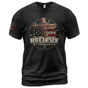 BELIEVE Christian American Flag Cross and Crown of Thorns, Christian Shirts for Men - Christian Tee Shirts - Rust Field Wear