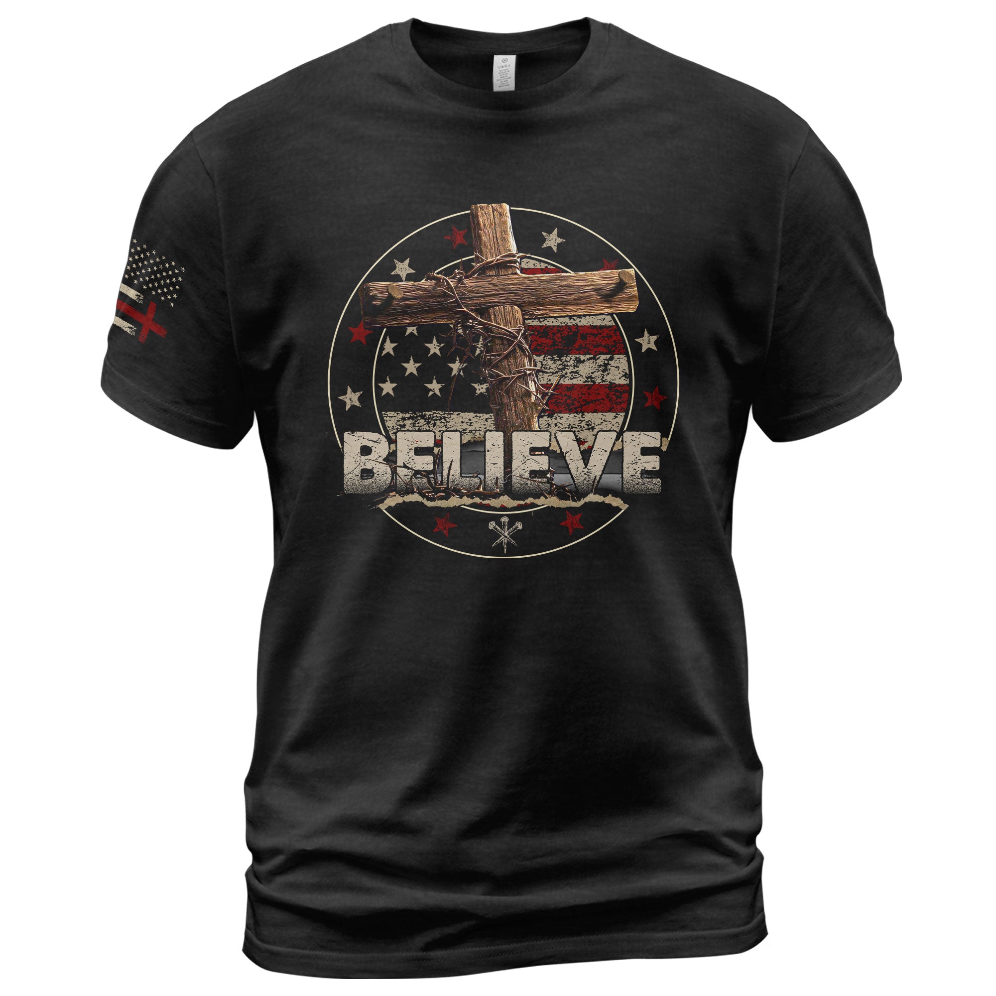 BELIEVE Christian American Flag Cross and Crown of Thorns, Christian Shirts for Men - Christian Tee Shirts - Rust Field Wear