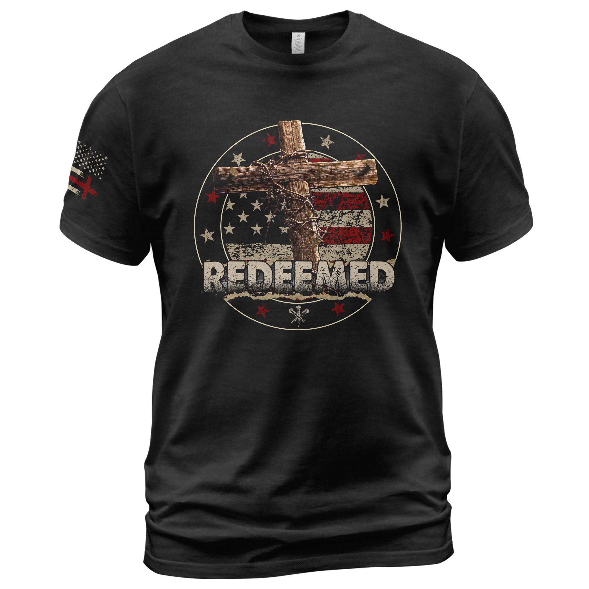 Redeemed Cross Christian American Flag Faith - Christian Shirts for Men, Faith Based Christian Tee Shirts - Rust Field Wear