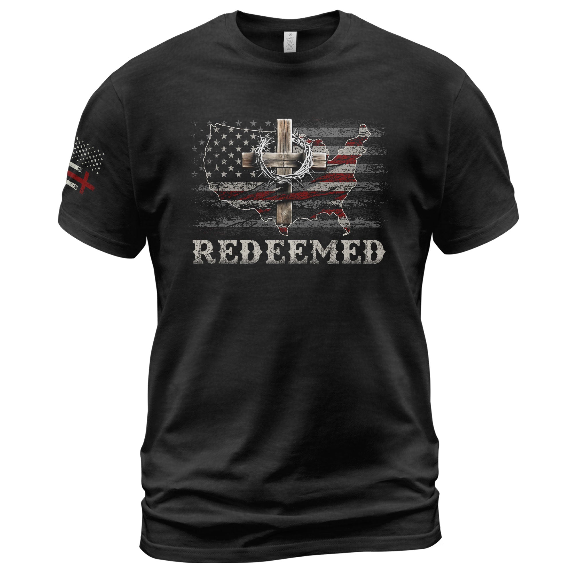 Christian Shirts for Men - Redeemed USA Flag Cross Christian, Christian Tee Shirts - Rust Field Wear