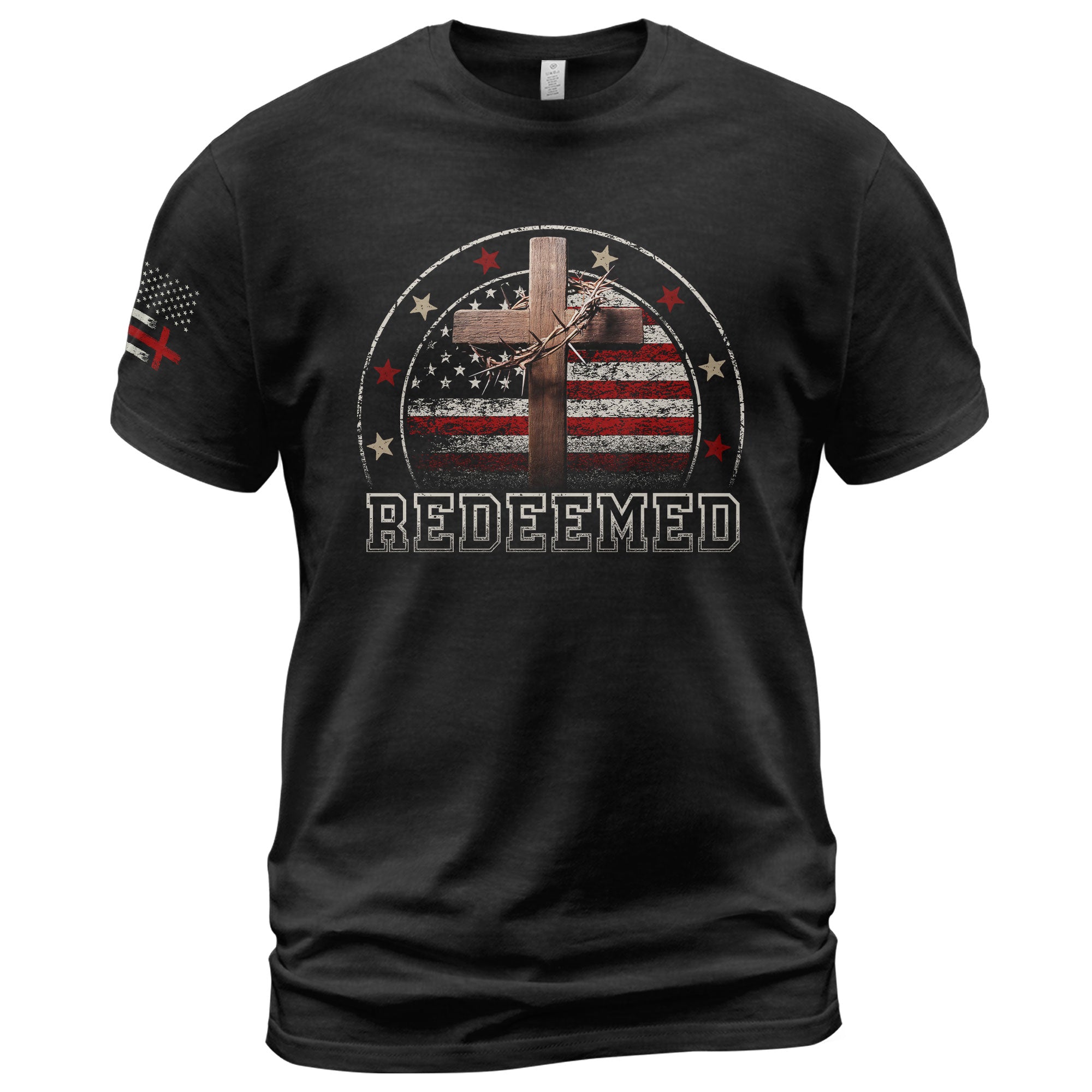 Redeemed Christian Cross and American Flag Design, Christian Shirts for Men - Christian Tee Shirts - Rust Field Wear