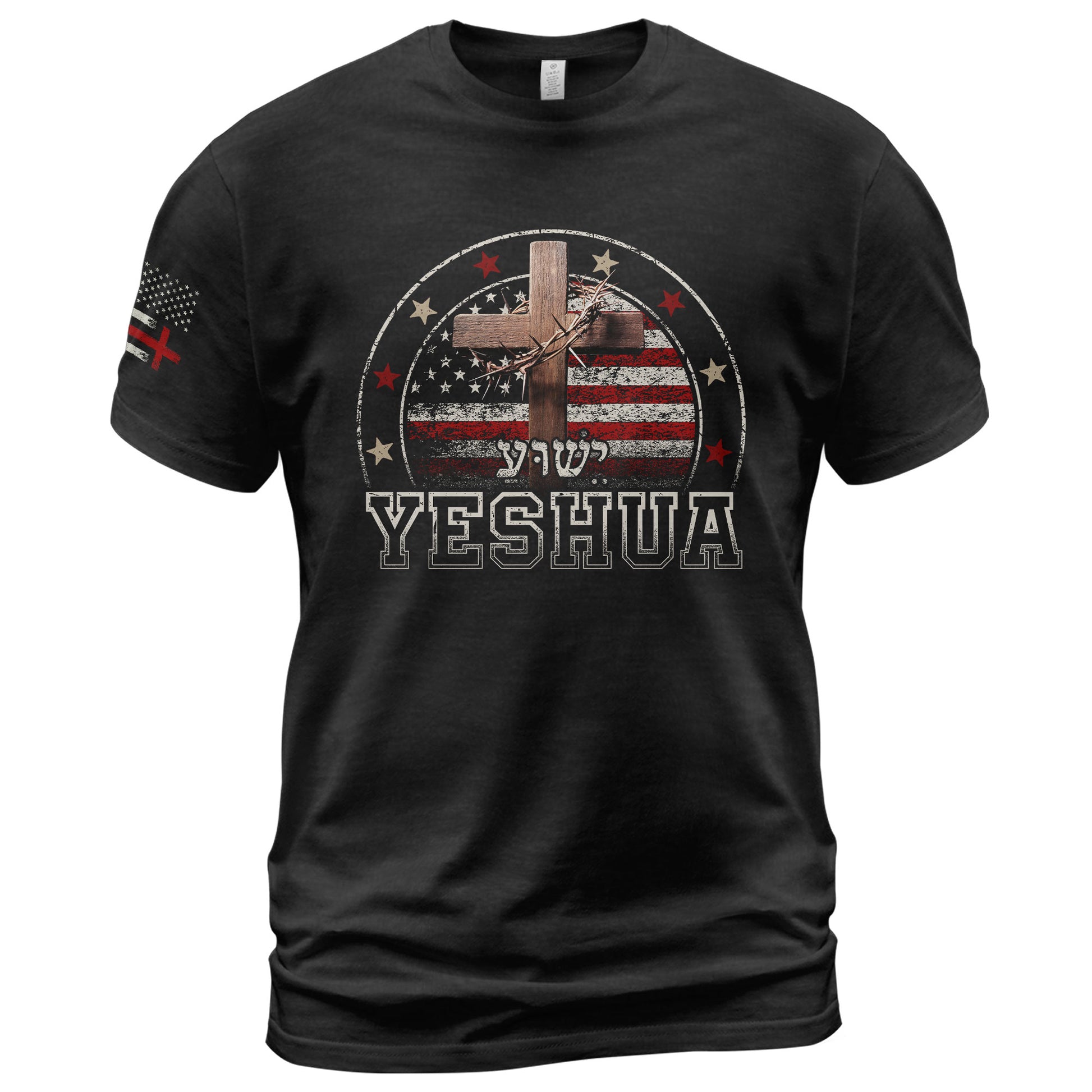 Christian Tee Shirts, Yeshua Cross and American Flag - Christian Shirts for Men - Rust Field Wear