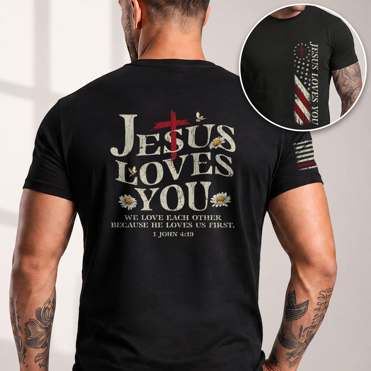 Christian Shirts for Men, Jesus Loves You Patriotic Cross - Christian Tee Shirts - Rust Field Wear