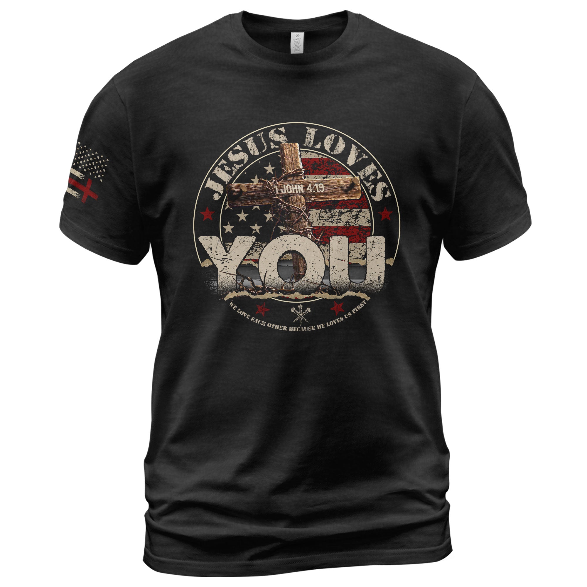 Jesus Loves You John 4:19, Christian Tee Shirts - Faith Shirts for Men - Rust Field Wear