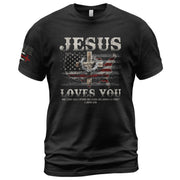 Faith Based Christian Tee Shirts, Jesus Loves You American Flag Cross - Christian Shirts for Men - Rust Field Wear