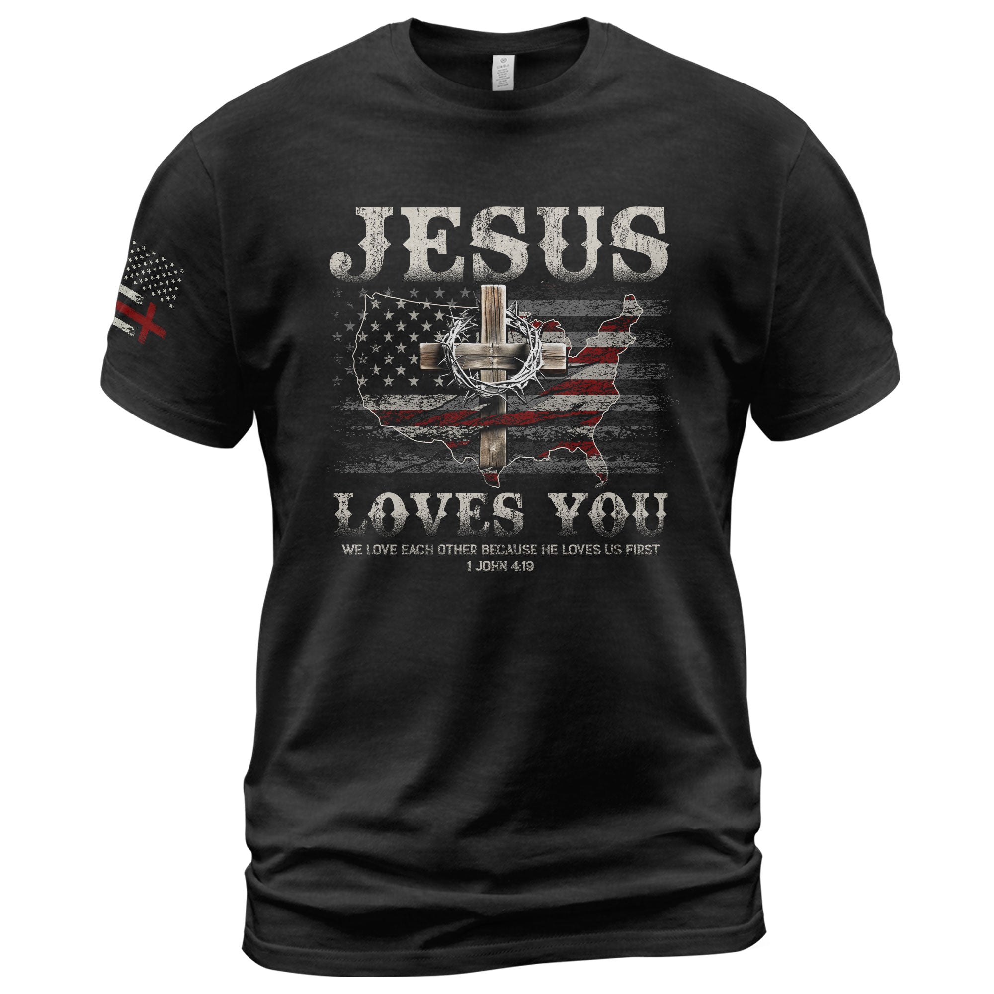 Faith Based Christian Tee Shirts, Jesus Loves You American Flag Cross - Christian Shirts for Men - Rust Field Wear