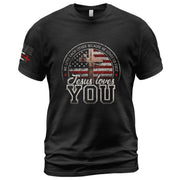 Jesus Loves You American Flag Cross and 1 John 4:19 Verse - Christian Shirts for Men, Faith Based Christian Tee Shirts - Rust Field Wear